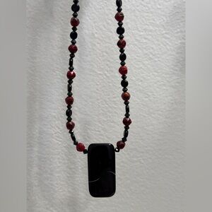 Black and Red Bead Necklace with Stone Pendant and Silver Clasp